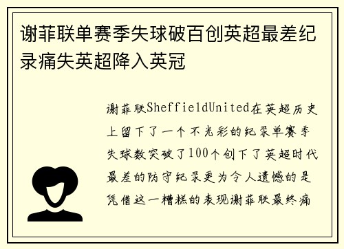谢菲联单赛季失球破百创英超最差纪录痛失英超降入英冠