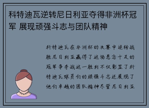 科特迪瓦逆转尼日利亚夺得非洲杯冠军 展现顽强斗志与团队精神