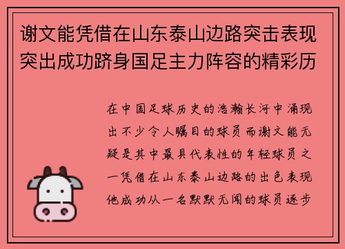 谢文能凭借在山东泰山边路突击表现突出成功跻身国足主力阵容的精彩历程